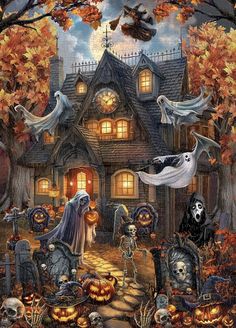 a halloween scene with skeletons and pumpkins in front of a house