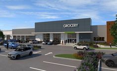 an artist's rendering of a grocery store with cars parked in the parking lot