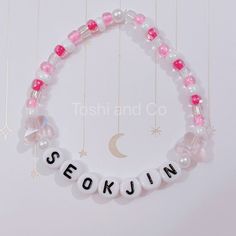 Pink Beaded Name Bracelet For Gift, Pink Beaded Name Bracelet As Gift, Pink Beaded Name Bracelet As A Gift, Personalized Pink Kpop Style Jewelry, Kpop Pink Beaded Bracelets, Pink Kpop Beaded Bracelets, Pink Beaded Kpop Bracelets, Pink Custom Name Beaded Bracelets, Custom Name Pink Beaded Bracelets