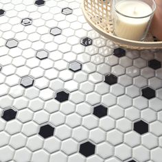 Affinity Tile Metro 1 in. Hex Glossy White with Black Dot 10-in x 12-in Glossy Porcelain Patterned Hexagon Mosaic Floor and Wall Tile (8.6-sq. ft/ Carton) Lowes.com Mini Hexagon Tile Bathroom, Black Hexagon Tile Bathroom, Hex Tiles Bathroom, Penny Tiles Bathroom, Hexagon Tile Bathroom, Black Hexagon Tile, Affinity Tile, White Hexagon Tiles, Honeycomb Tile