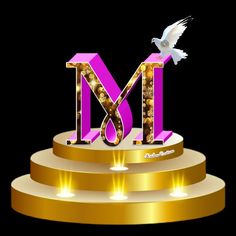 the letter m is on top of a stage with lights and a dove flying above it