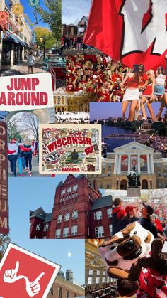 the collage shows many different things that have been taken place in this photo, including signs and flags