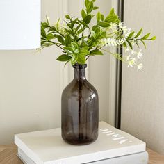 a brown vase with white flowers on top of a stack of books next to a lamp