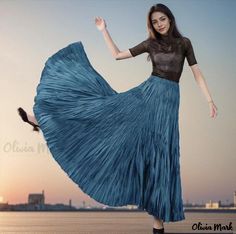 Olivia Mark - Stylish Pleated Maxi Skirt with Extended Length, High Waist and Flowing Silhouette Flare Maxi Skirt, Flowy Maxi Skirts, High Waisted Maxi Skirt, Girls Frock Design, Pleated Long Skirt, Knit Midi Skirt, Pleated Maxi Skirt, Pleated Maxi, Frock Design