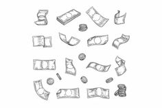 hand drawn money and coins set on white background, doodle style illustration in black and white