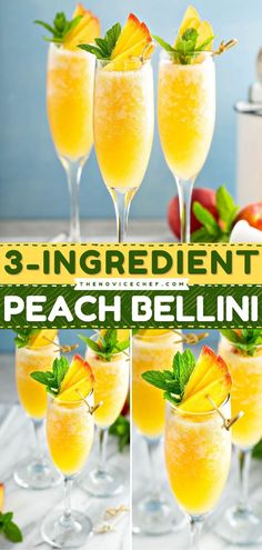 three glasses filled with peach bellini and garnished with mint