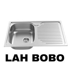 a stainless steel sink with the words lah bobo in black and white above it