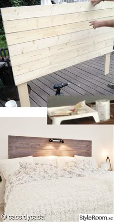 there are two pictures of the same bed and one is made out of pallet wood