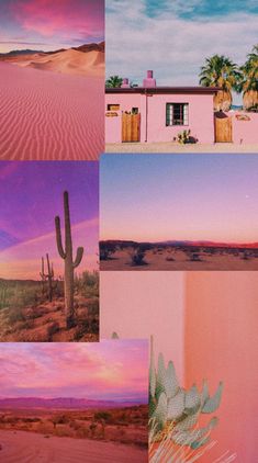 multiple pictures of desert scenes with cactus, house and palm trees in the foreground