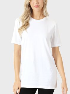 Relaxed fit white t-shirt crew neck short sleeve white t-shirt 95% cotton/ 5% spandex Total body length: 27 1/2", CHEST: 34" approx. - Measured from Small Clothing For Tall Women, White Crewneck, Women Essentials, Total Body, Shirt Mockup, Basic Tee, White T Shirt, Long Length, White T