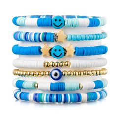 PRICES MAY VARY. Sky Blue Preppy Bracelets: The package comes with 7 pieces Heishi bracelets in different style. The bracelets set is collected and designed by kinds of special elements -beads, blue and white vinyl clay, smile, star, evil eye, and so on. Each of them is unique and attractive. Size Detail: The perimeter of stretch bracelets is about 6.2/7inch, which are suitable for most people wrist size. Besides, the bracelets are stretchable, it is convenient for your to wear and take off. Pre Heishi Bracelets, Layering Bracelets, Beaded Braclets, Preppy Bracelets, Preppy Jewelry, Surfer Bracelets, Clay Bracelet, Diy Bracelet Designs, Diy Bracelets Patterns