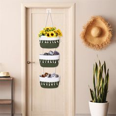 three baskets with flowers hanging from them on the wall next to a potted plant