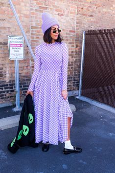 LALA ORIGINAL: More You Mesh Maxi Dress in Lavender Checkerboard – Dressed in Lala Dress With Converse, Satin Playsuit, Dressed In Lala, Mesh Maxi Dress, Spandex Dress, Blazer Set, Flannel Jacket, Sweater Collection, Knit Set