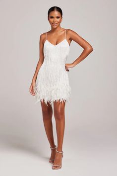 LOTTIE White Embellished Dress | NADINE MERABI White Beaded Dress, Nadine Merabi, Carrie White, Embellished Mini Dress, White Feather, Outfit Jeans, Feather Dress, Fringe Dress, White Feathers