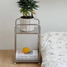 a bed with a plant on top of it