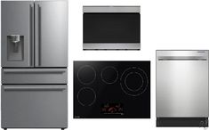 the refrigerator, stove, and microwave are all in stainless steel color scheme with black accents