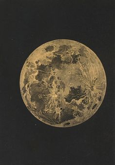 an old photo of the moon taken from space, in black and gold ink on paper