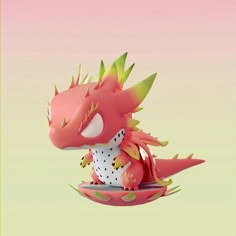 a pink and green toy sitting on top of a red object in the shape of a dragon