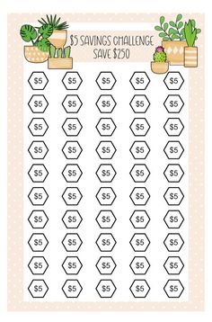 a printable savings chart with plants in pots and numbers on the bottom, which are labeled