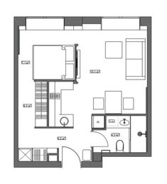 an apartment floor plan with the kitchen and living room separated by two separate areas,