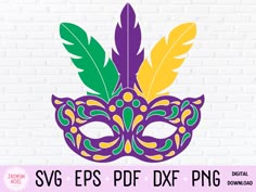 a mask with feathers on it and the words svg epsps dxf png