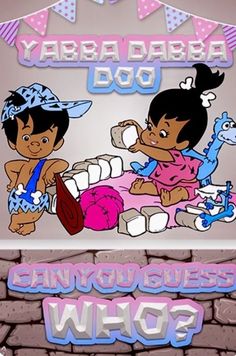 two cartoon characters sitting on top of a bed next to a brick wall with the words yababa dou