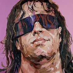 a painting of a man with long hair and sunglasses on his face, looking to the side