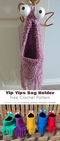 a crocheted bag holder with eyes and fringes hanging from it's side