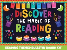 a book cover with the words, reading theme bulletin board kit and an image of books