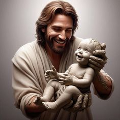 a statue of jesus holding a baby in it's arms and smiling at the camera