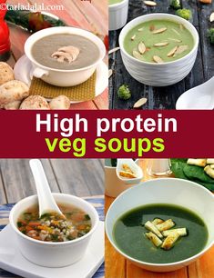 four different pictures of soups with broccoli and other foods in the background