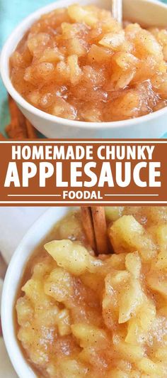 homemade chunky applesauce in a white bowl with cinnamon stick sticking out of it