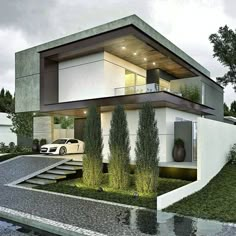 an artist's rendering of a modern house with two cars parked in the driveway