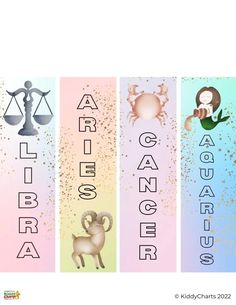 four zodiac signs with the names of them in different colors and sizes, including one for each