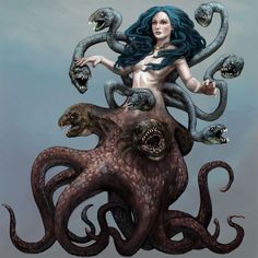 a woman sitting on top of an octopus with her hands in the air and two snakes around her