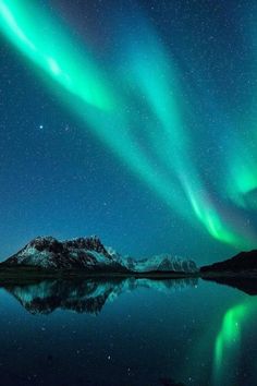 the aurora lights are reflected in the water