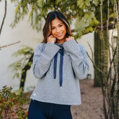 Going Places Pullover - Navy - Senita Athletics Brunette Models, Blonde Model, Going Places, Casual Outerwear, Cozy Pullover, Layered Tops, Hooded Cardigan, Sleeve Detail, Athletic Wear