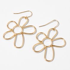 Give yourself flowers with these beautiful drop earrings. They have cutout daisy designs in a classic gold-tone. Finish: Gold-tone Drop: 1" Closure: Fish hook Material: Metal - Claire's Gold Daisy Outline 1" Drop Earrings Metal Drop Earrings For Spring, Trendy Nickel-free Flower-shaped Earrings, Trendy Nickel Free Flower Shaped Earrings, Trendy Metal Flower Drop Earrings, Gold Flower Earrings For Spring, Gold Flower Earrings For Summer, Trendy Gold Flower Shaped Hoop Earrings, Spring Flower Drop Earrings, Metal Flower Charm Earrings For Spring