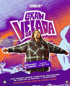 the poster for an upcoming concert with a man standing in front of a purple background