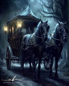 two horses pulling a carriage in the woods at night with lights on and people inside