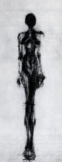 a black and white drawing of a person standing in front of a gray background with one hand on his hip