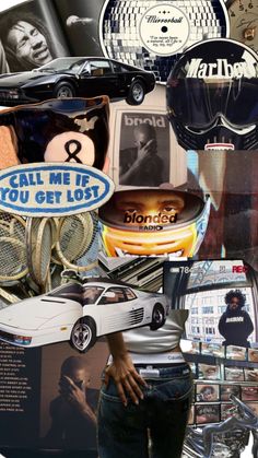 a collage of various items that include sunglasses, hats and other things