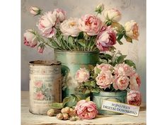 a painting of pink flowers and tins on a table