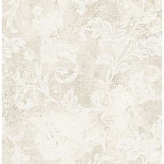 an old wallpaper with white flowers and leaves on the side, in shades of beige