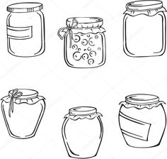 four jars with different lids are shown in black and white