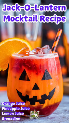 the jack o lantern cocktail recipe with orange juice and lemon juice is ready to be eaten