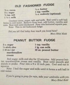 an old recipe for peanut butter fudge is shown in black and white, as well as instructions on how to make it