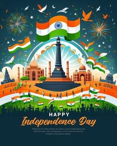 happy independence day with india flag and fireworks