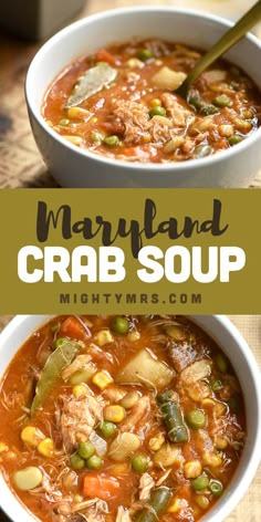 two bowls filled with meat and vegetable soup