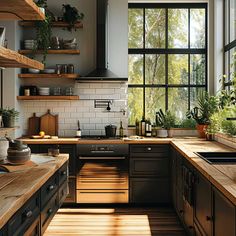 a kitchen with lots of wooden counter tops and open shelves on the wall, along with potted plants